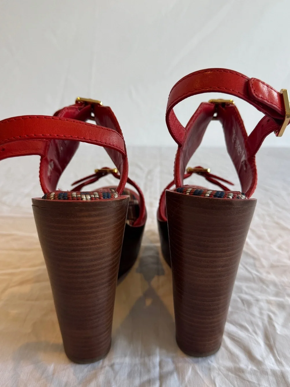 Tory Burch Red High Wedge Beaded Sandals with Gold Buckles